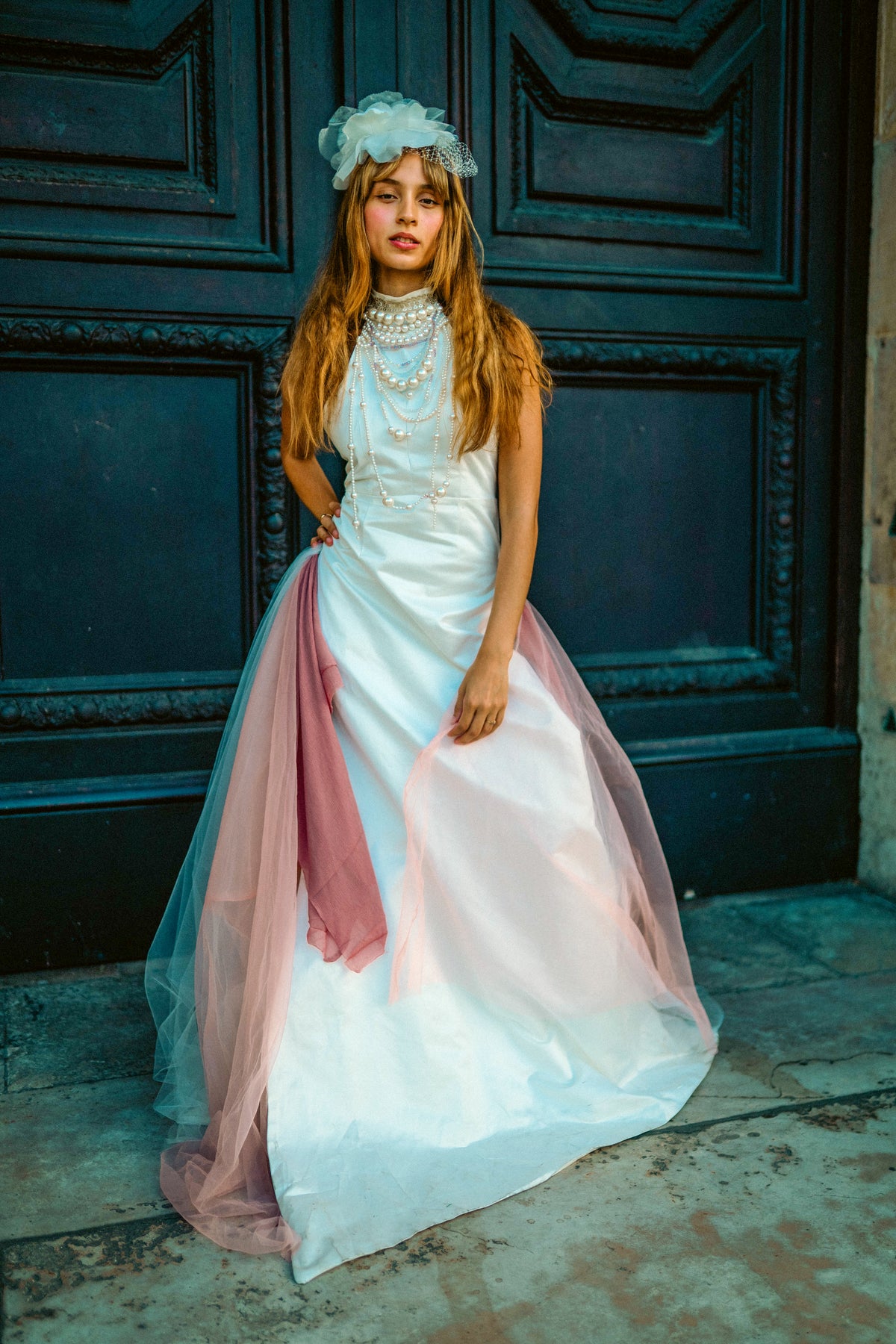 The Dalia Dress — side profile of the satin gown