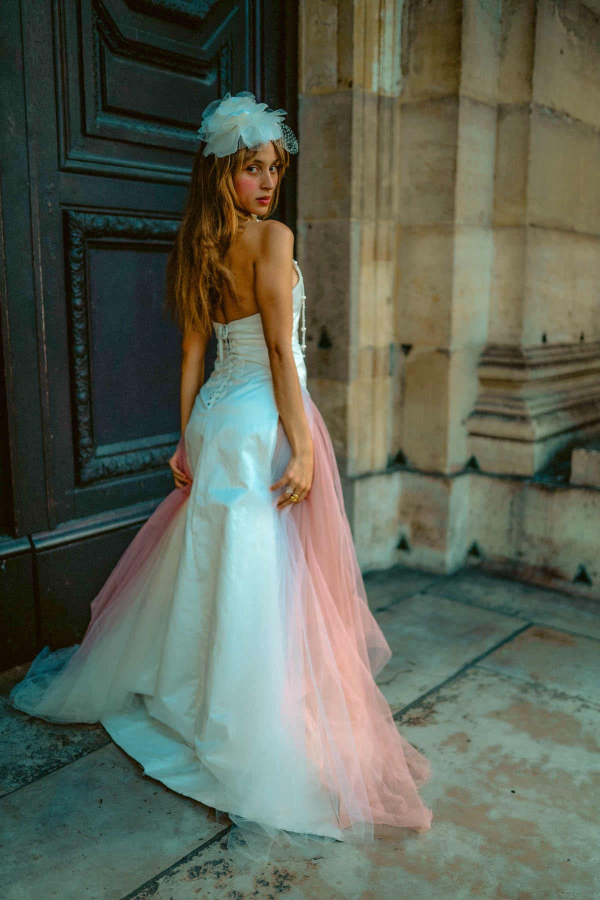 The Dalia Dress — close-up of cascading pearl detailing on the satin bodice