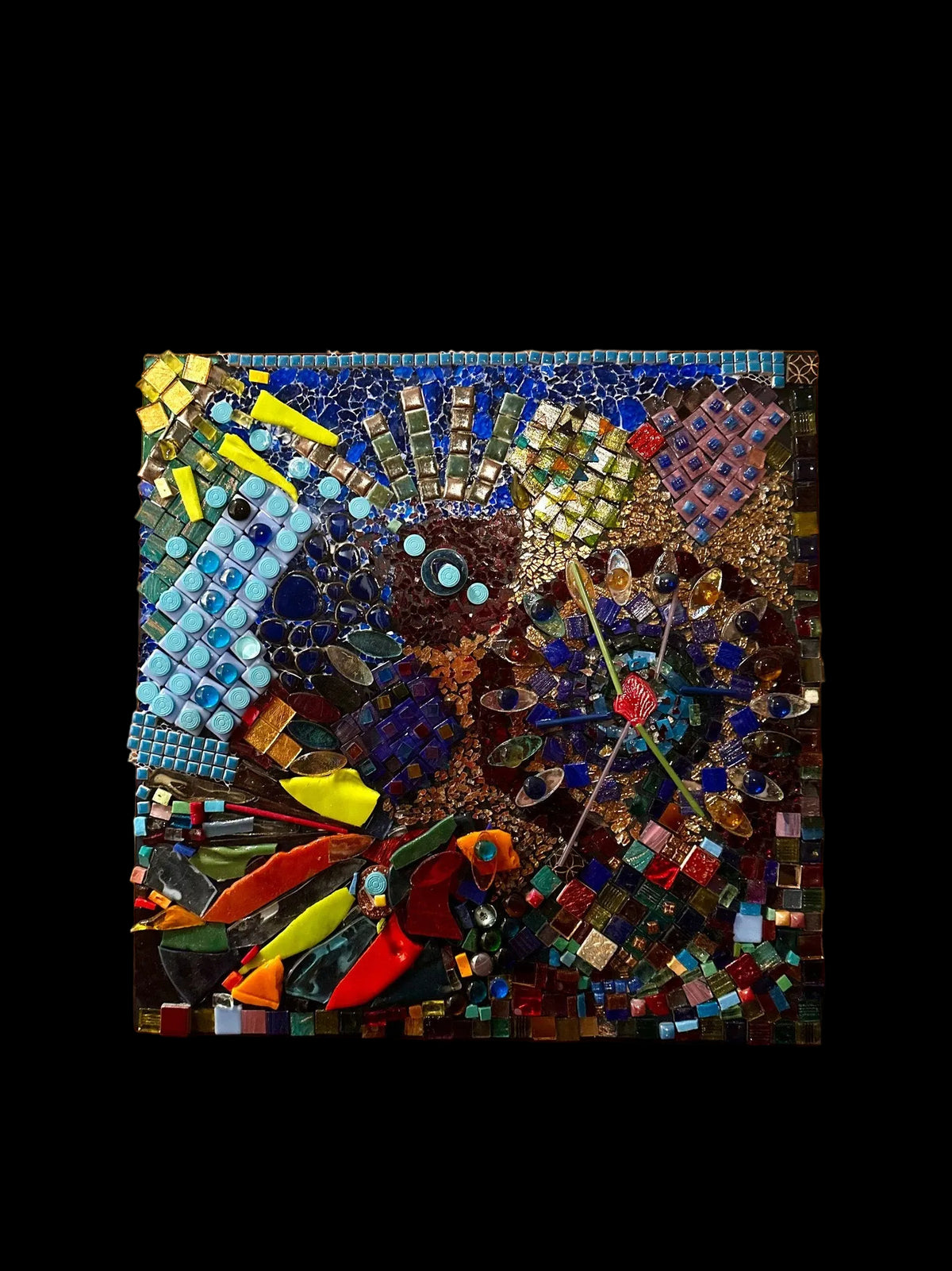 Eyes of the Garden — original mosaic tile artwork on wood, organic clusters of tesserae
