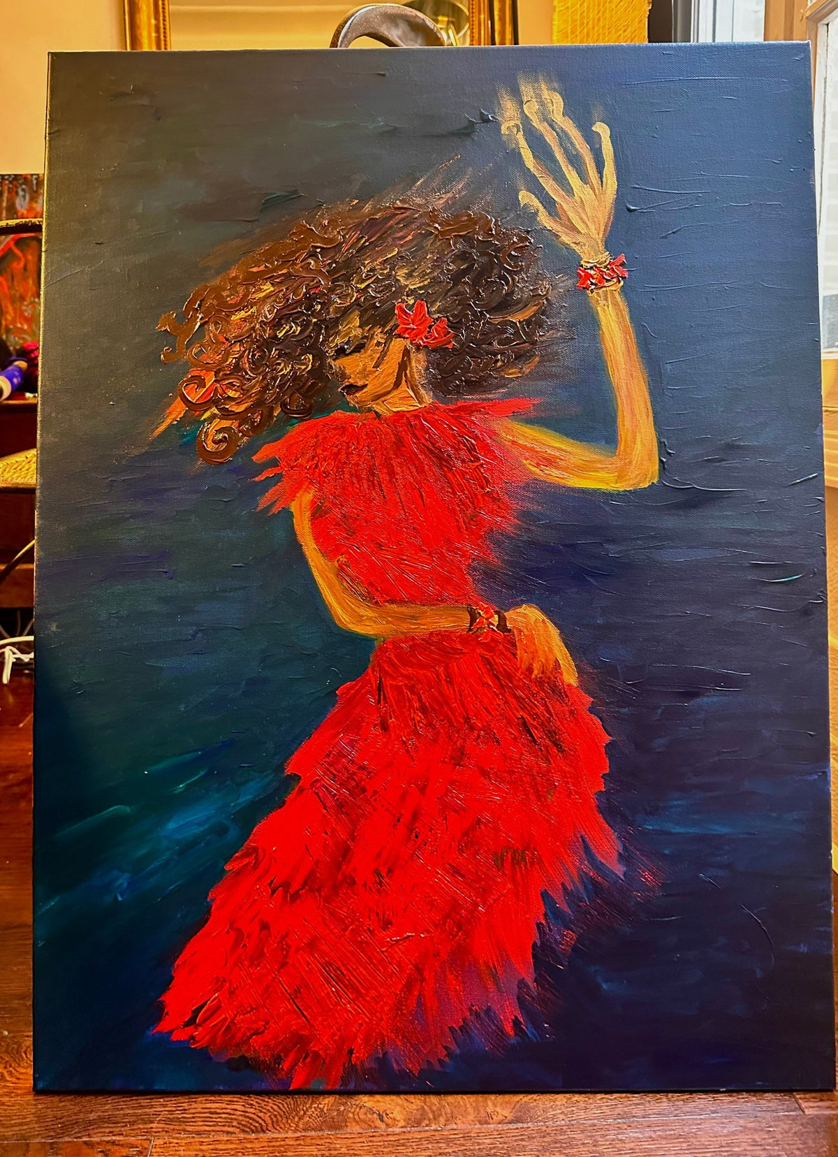 Flame in the Night — original painting of a single point of warm light within deep blues and blacks, cotton canvas
