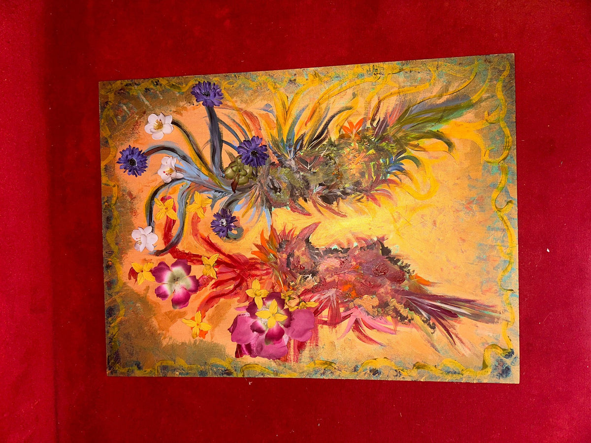 Floral Spirits — original painting of loose floral forms over visible wood grain