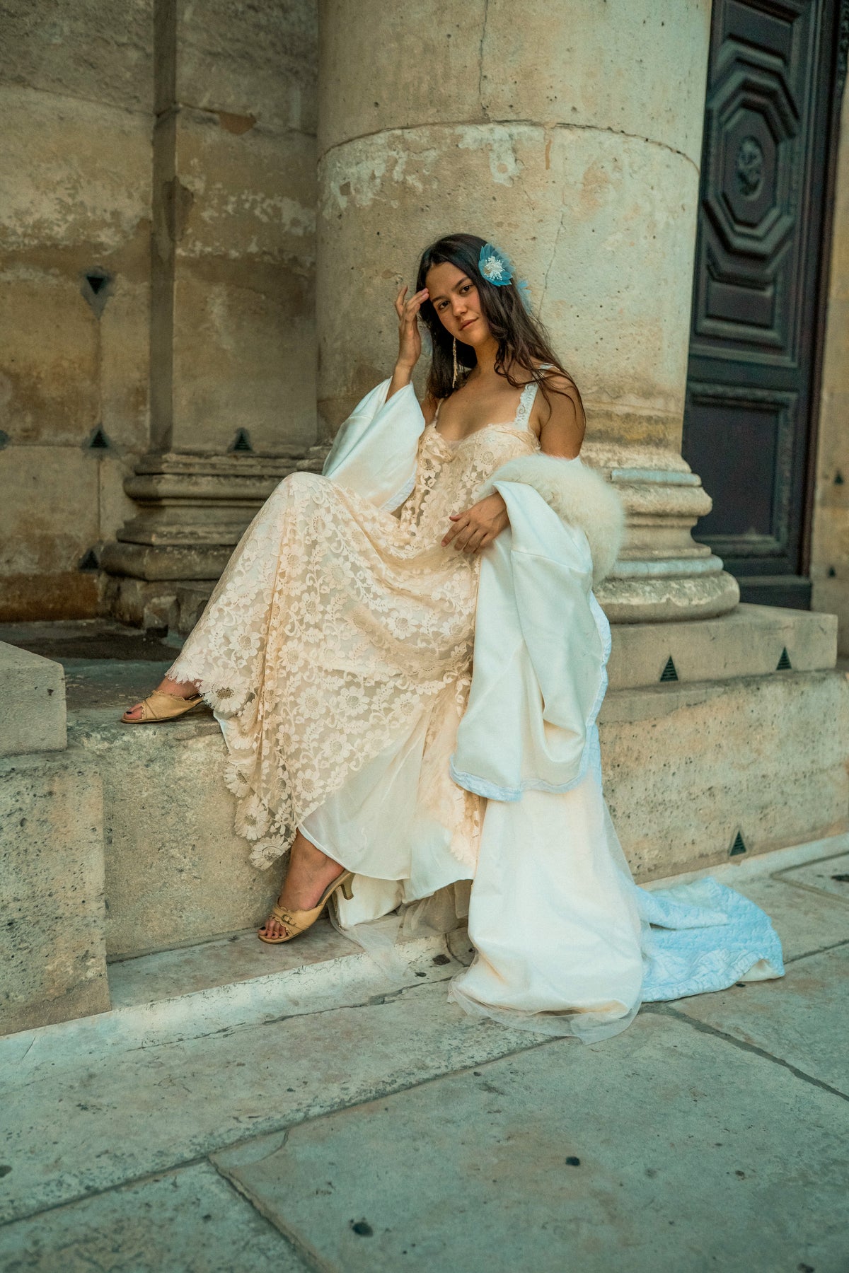 The Juliette Lace Dress — vintage Spanish mantilla lace bridal gown, front view