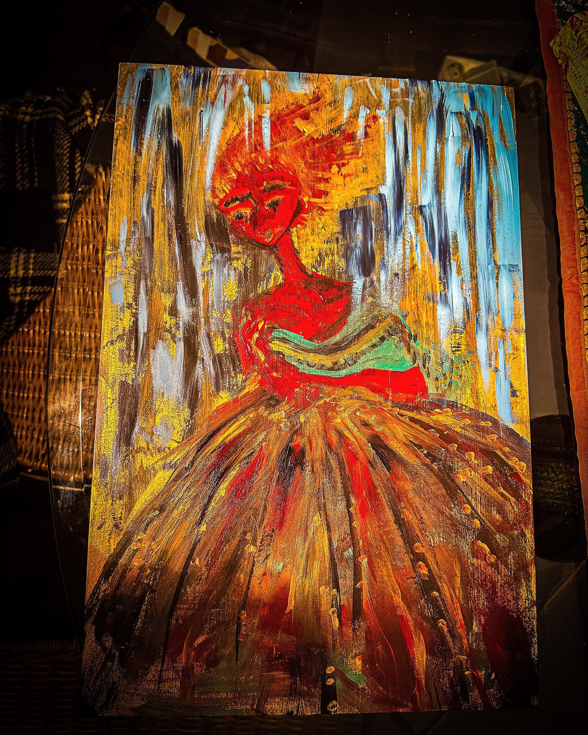 Madame Rouge — original painting of a red figure on wood, thin confident brushwork
