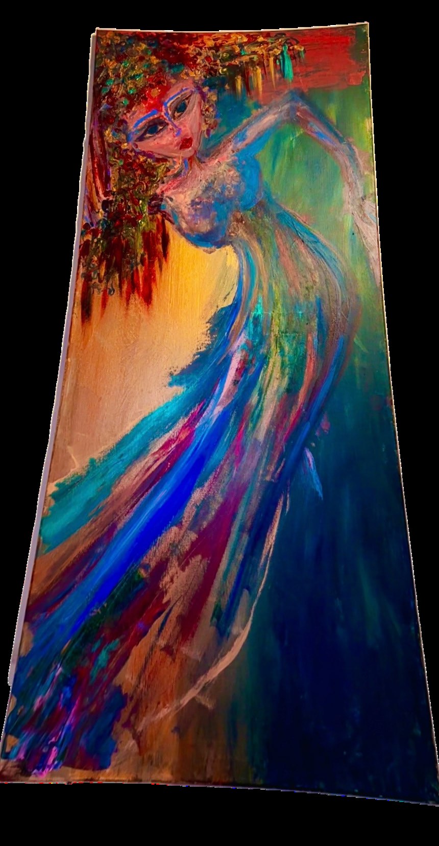 She Who Rises — original painting of a figure emerging from teal and gold brushwork, cotton canvas